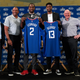 President of Basketball Operations Lawrence Frank, head coach Doc Rivers, Paul George, Kawhi Leonard and owner Steve Ballmer of the Los Angeles Clippers attend the Paul George and Kawhi Leonard introductory press conference at Green Meadows Recreation Center on July 24, 2019 in Los Angeles, California.